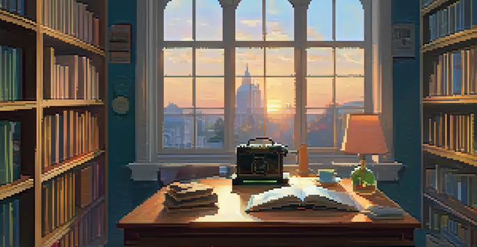 A cozy study room with a wooden desk, an open notebook, a steaming cup of tea, and a vintage record player, illuminated by soft ambient lighting and a warm sunset.