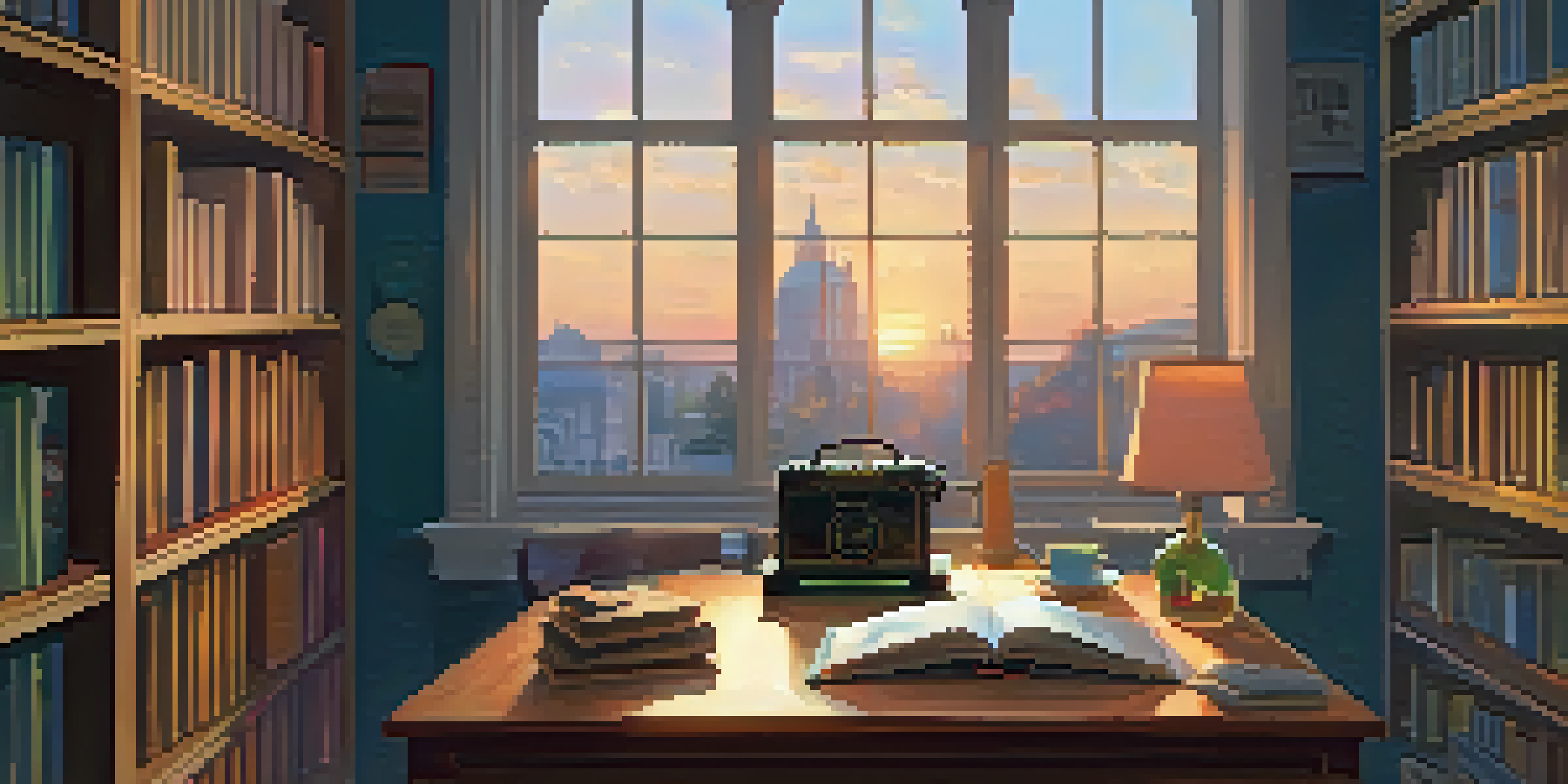 A cozy study room with a wooden desk, an open notebook, a steaming cup of tea, and a vintage record player, illuminated by soft ambient lighting and a warm sunset.