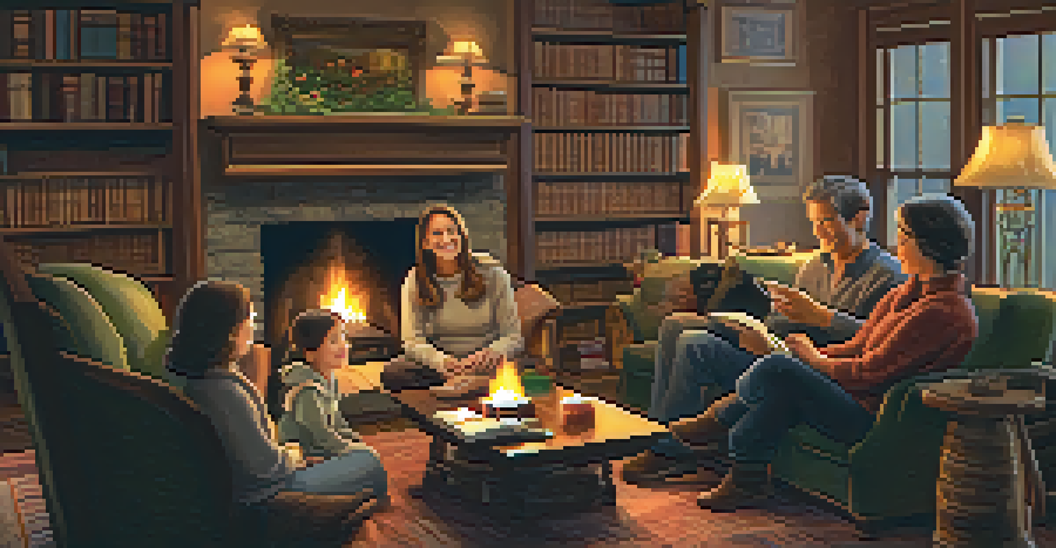 A family sharing stories around a cozy fireplace, with a warm glow illuminating their joyful faces.