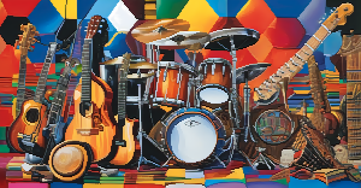 A collage of diverse musical instruments representing different cultures, showcasing the fusion of genres in modern DJing.