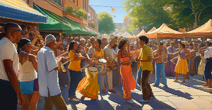 A lively street festival with diverse people enjoying traditional music and dance, surrounded by colorful decorations and warm sunlight.