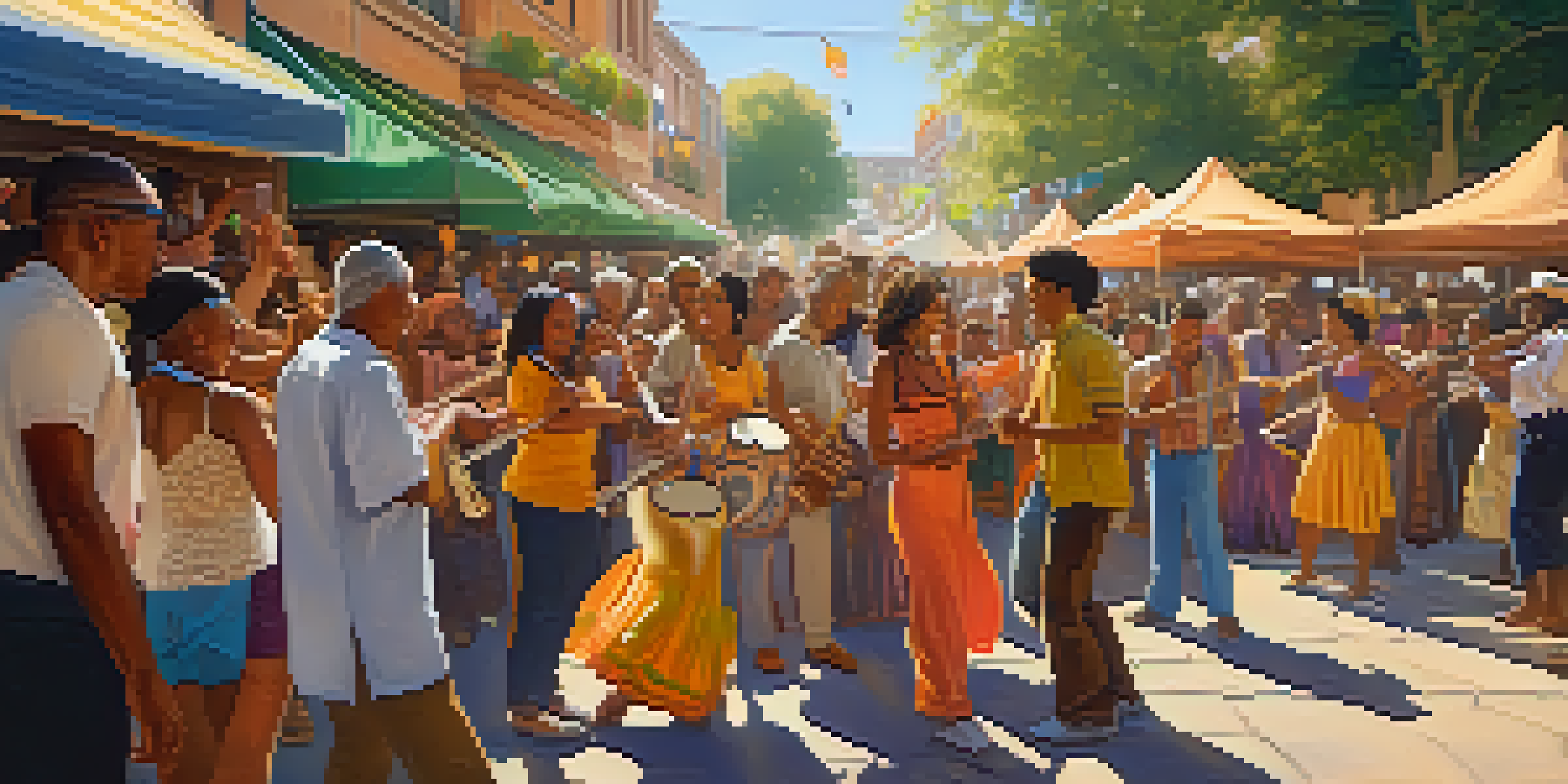 A lively street festival with diverse people enjoying traditional music and dance, surrounded by colorful decorations and warm sunlight.