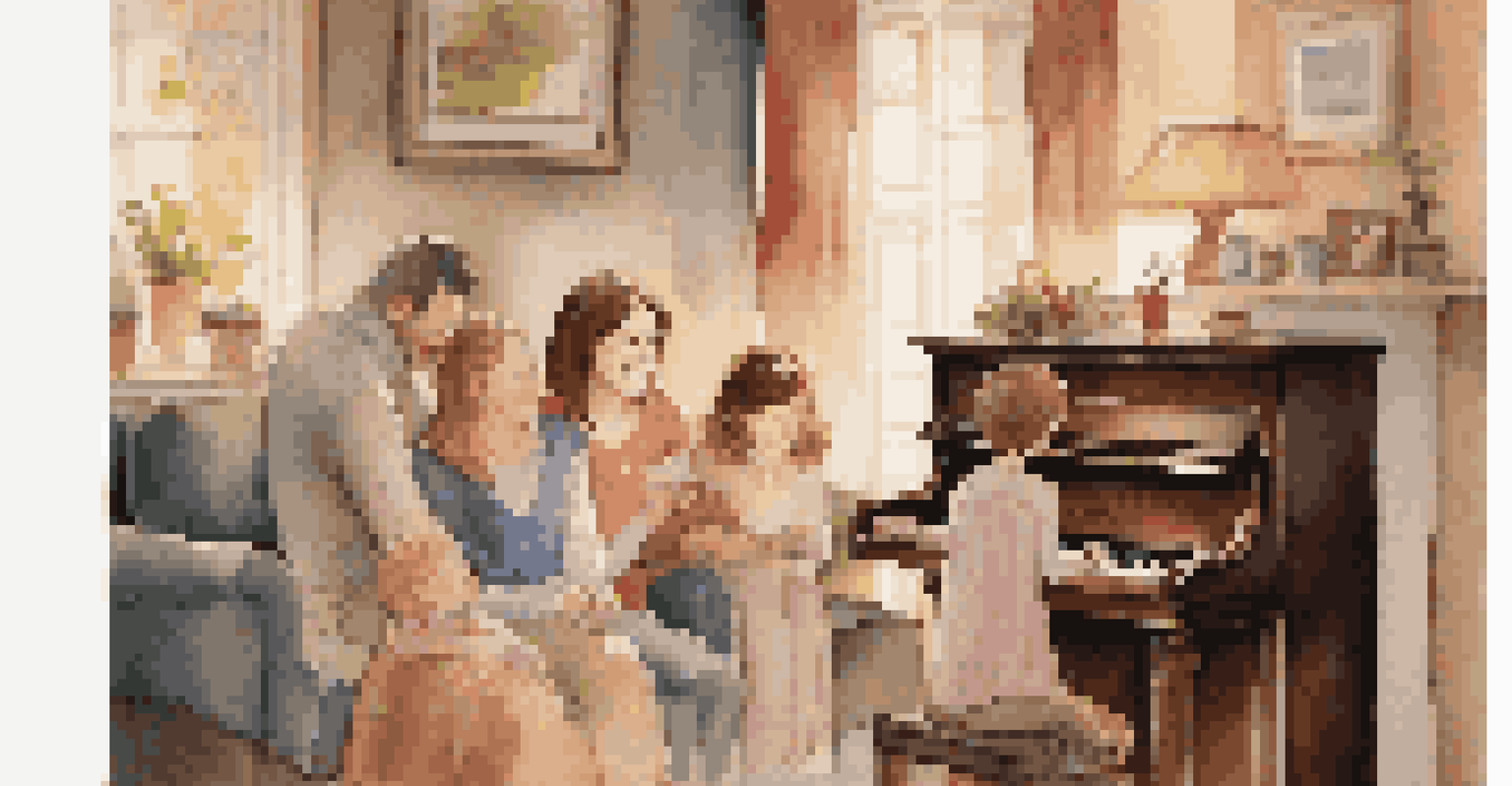 A family gathered around a piano, singing and enjoying music together in a warm, cozy setting.