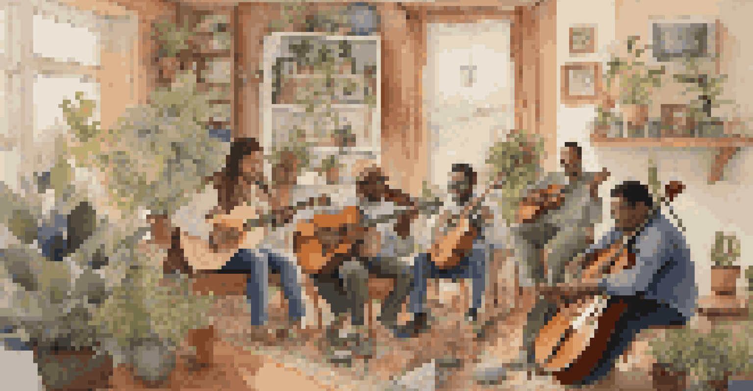 A cozy living room with musicians sharing stories and playing instruments together in a jam session, surrounded by plants and warm colors.