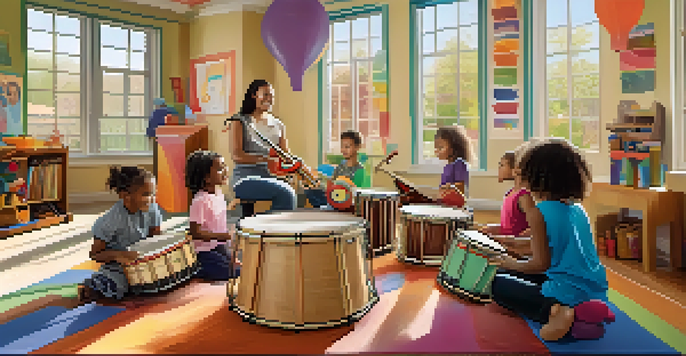 A colorful music therapy session with children playing instruments and dancing, guided by a joyful therapist in a bright room.