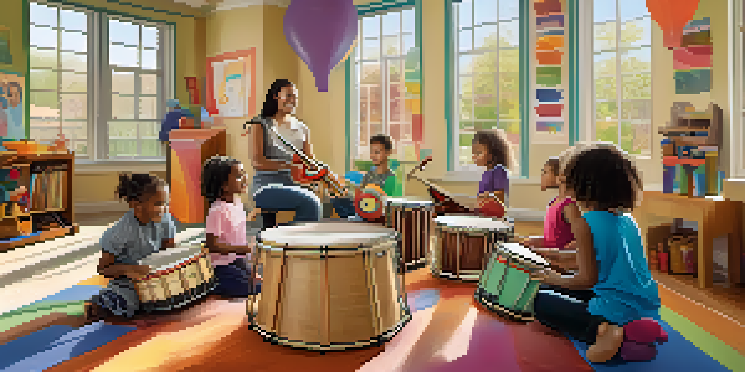 A colorful music therapy session with children playing instruments and dancing, guided by a joyful therapist in a bright room.