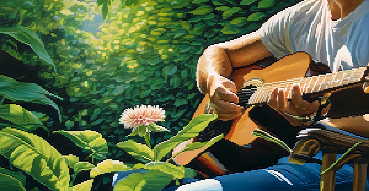 A close-up of a musician's hands playing an acoustic guitar in a lush green setting with sunlight filtering through the leaves.