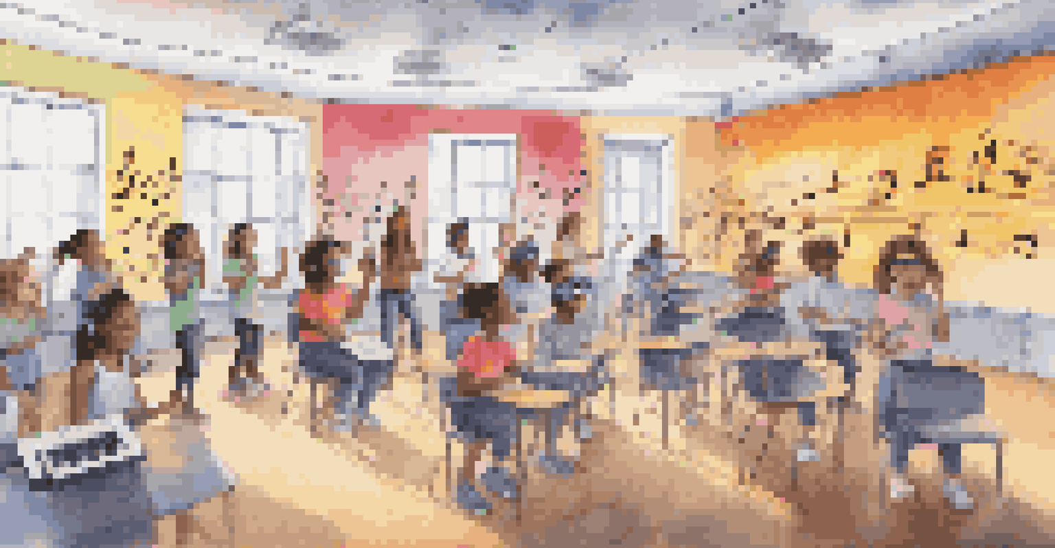 A classroom where students use VR technology to learn about music accessibility, with vibrant visuals and a music educator guiding the experience.