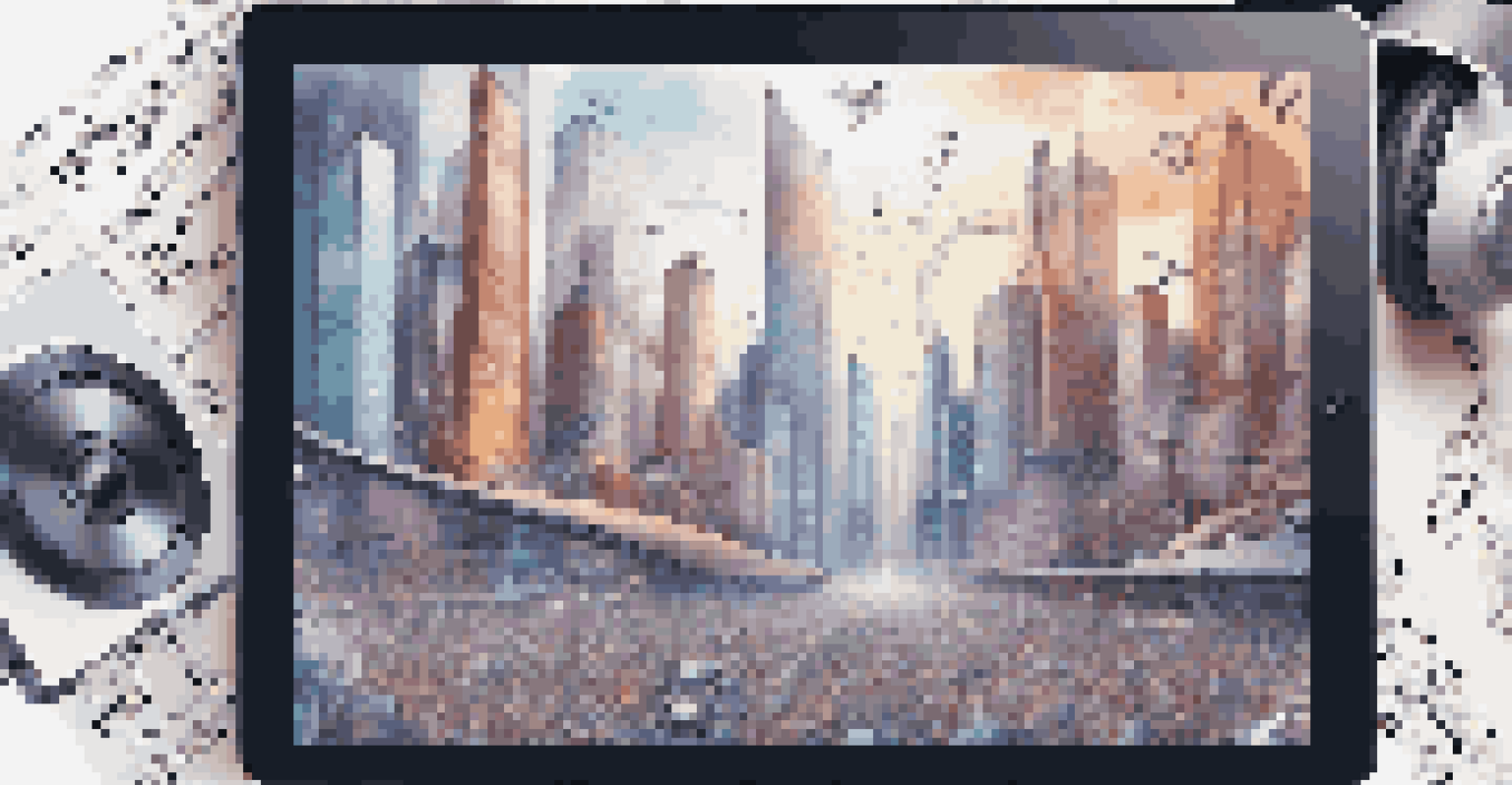 A music licensing contract on a digital tablet with music notes and VR headsets, set against a futuristic city skyline.