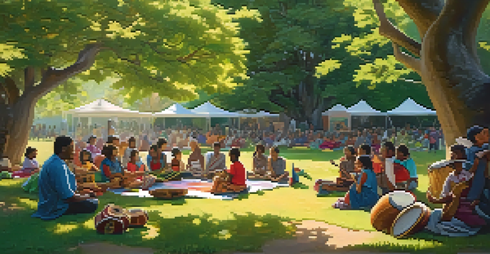 A diverse group of people in a park enjoying storytelling and music, surrounded by greenery and bright blankets.