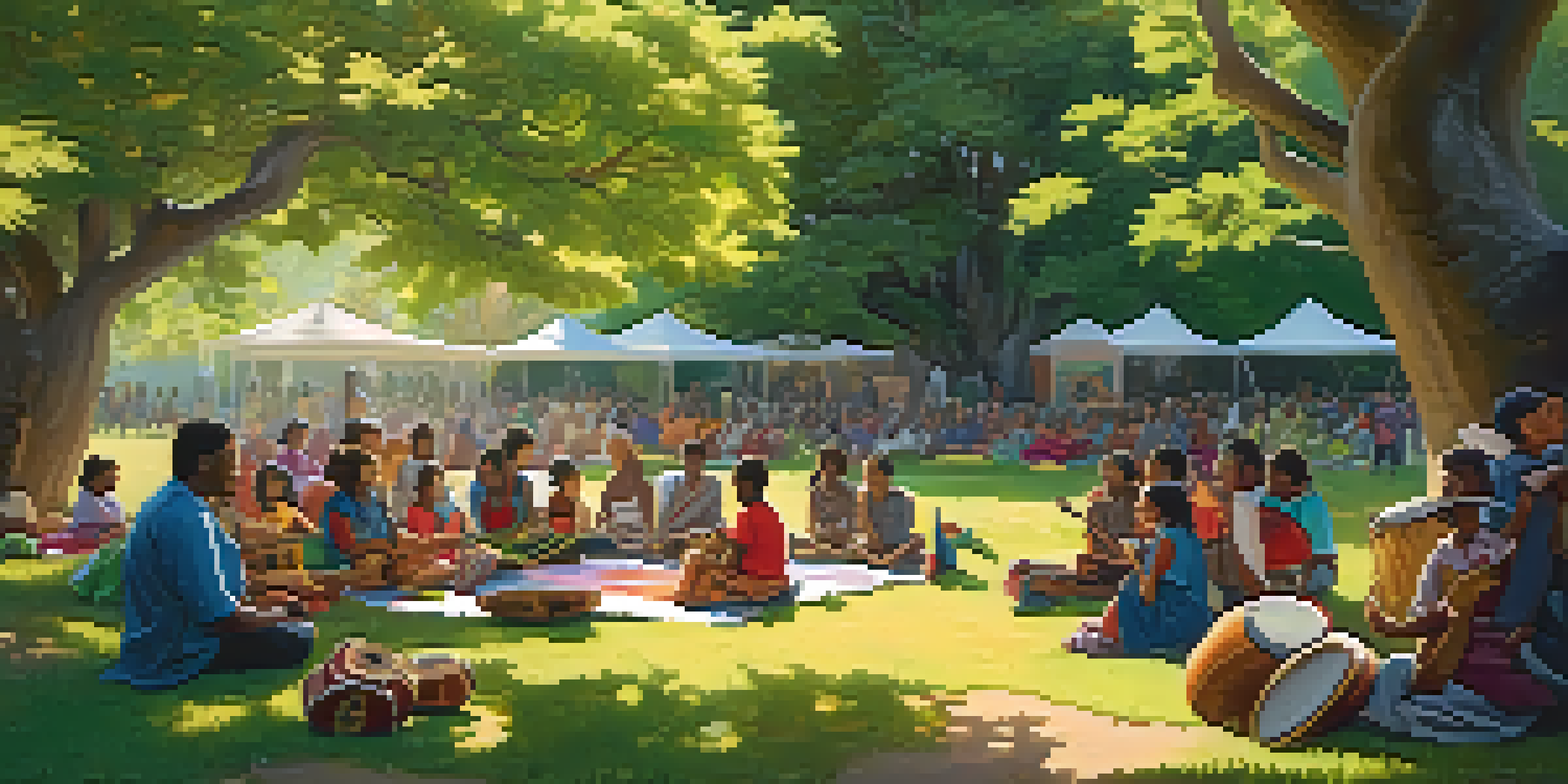A diverse group of people in a park enjoying storytelling and music, surrounded by greenery and bright blankets.