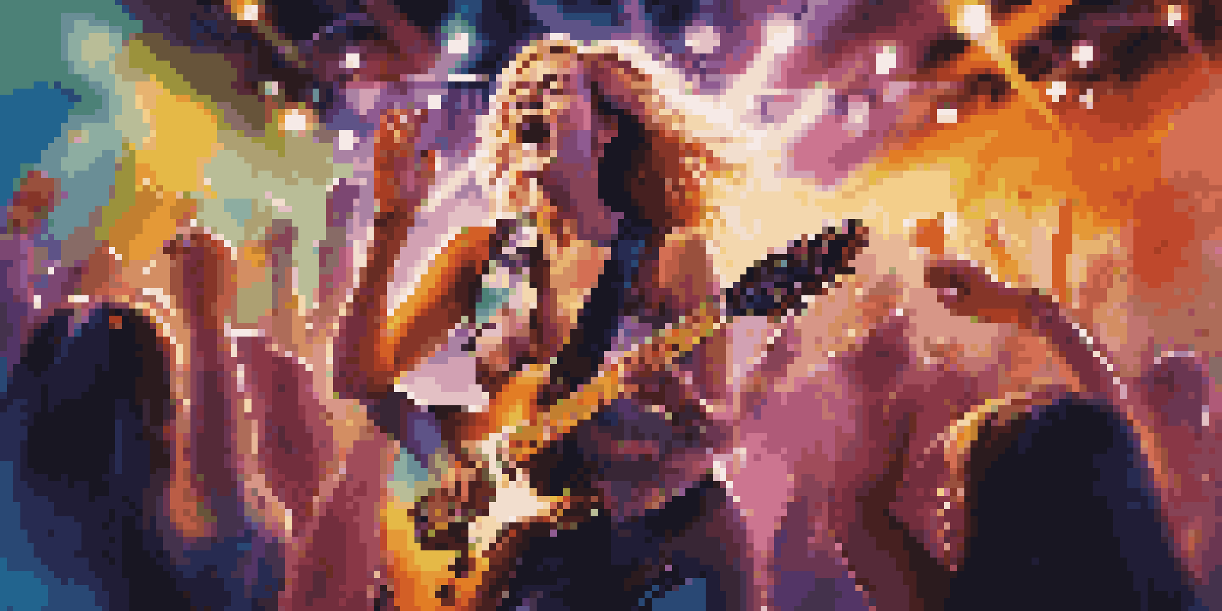 A female musician passionately performing on stage with an electric guitar, surrounded by colorful lights and a cheering crowd.