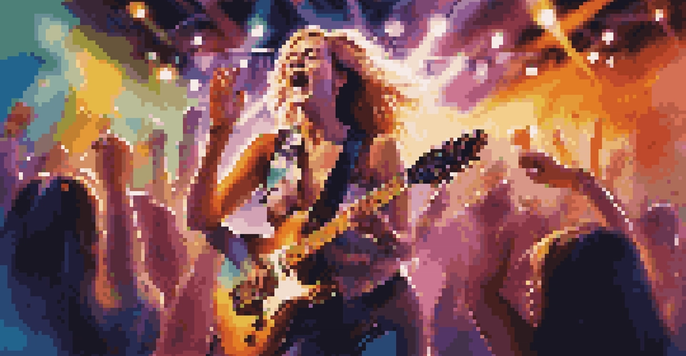 A female musician passionately performing on stage with an electric guitar, surrounded by colorful lights and a cheering crowd.