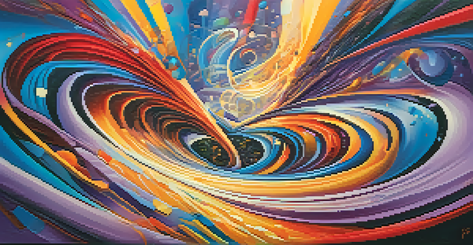 An abstract landscape filled with swirling colors and musical notes representing emotions in film scores.