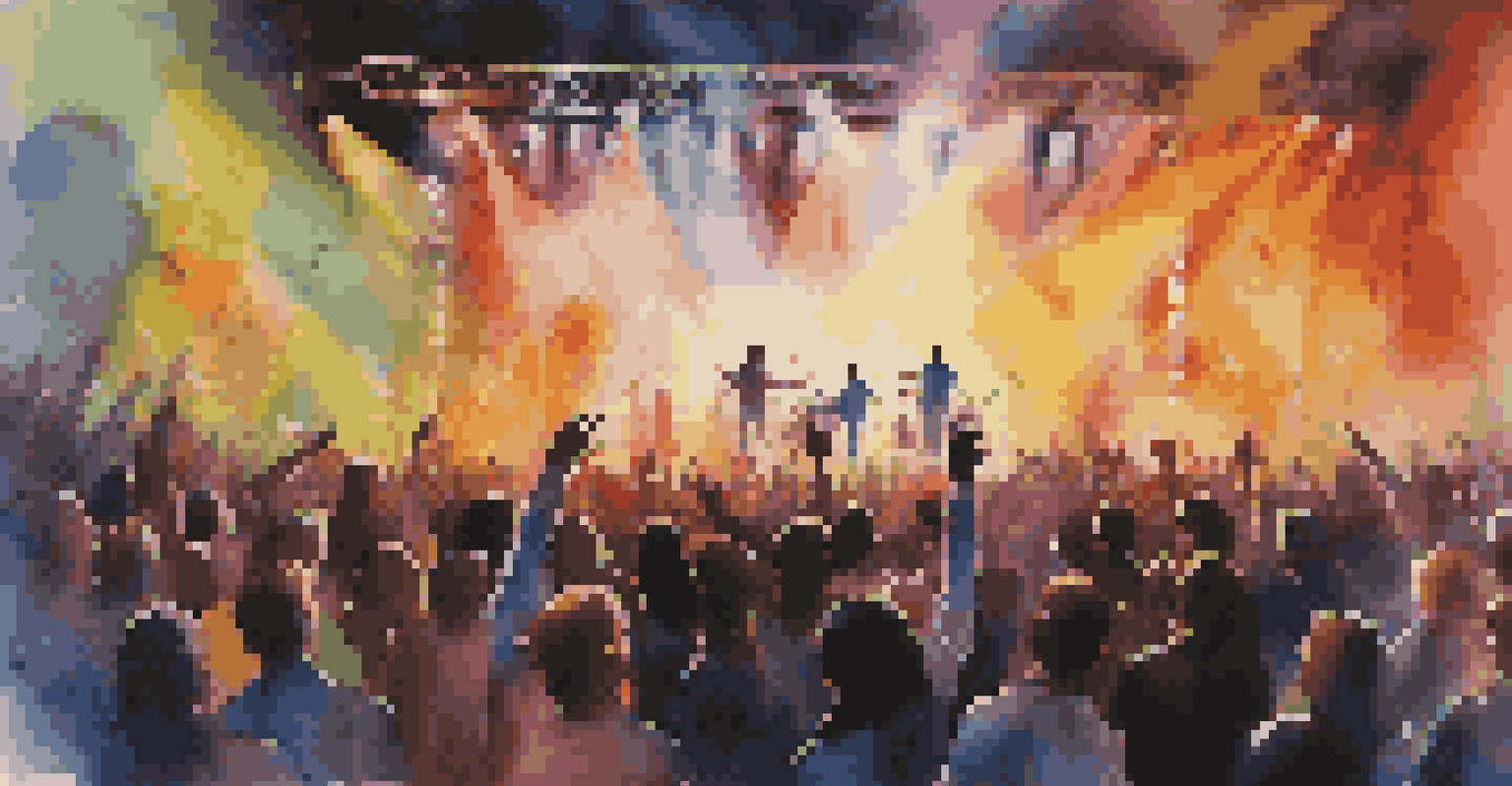 An abstract representation of a live concert with colorful lights and projections, highlighting the audience's engagement with the music.