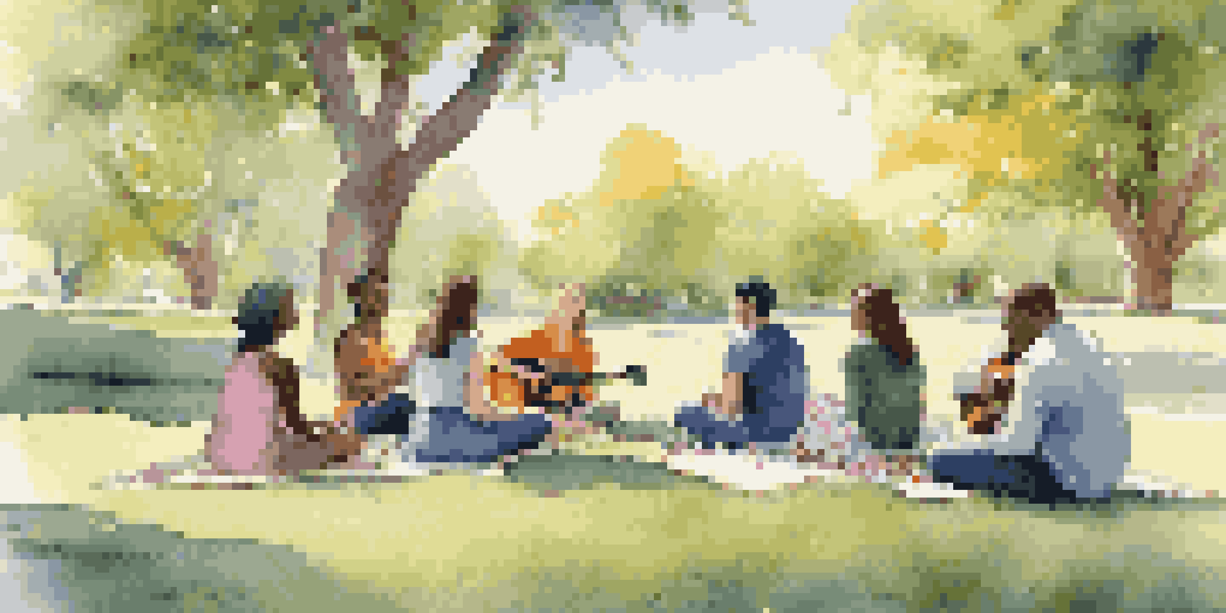 A diverse group of people engaged in a peaceful mediation session outdoors, with a musician playing guitar, surrounded by nature.