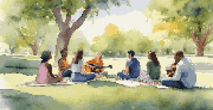 A diverse group of people engaged in a peaceful mediation session outdoors, with a musician playing guitar, surrounded by nature.
