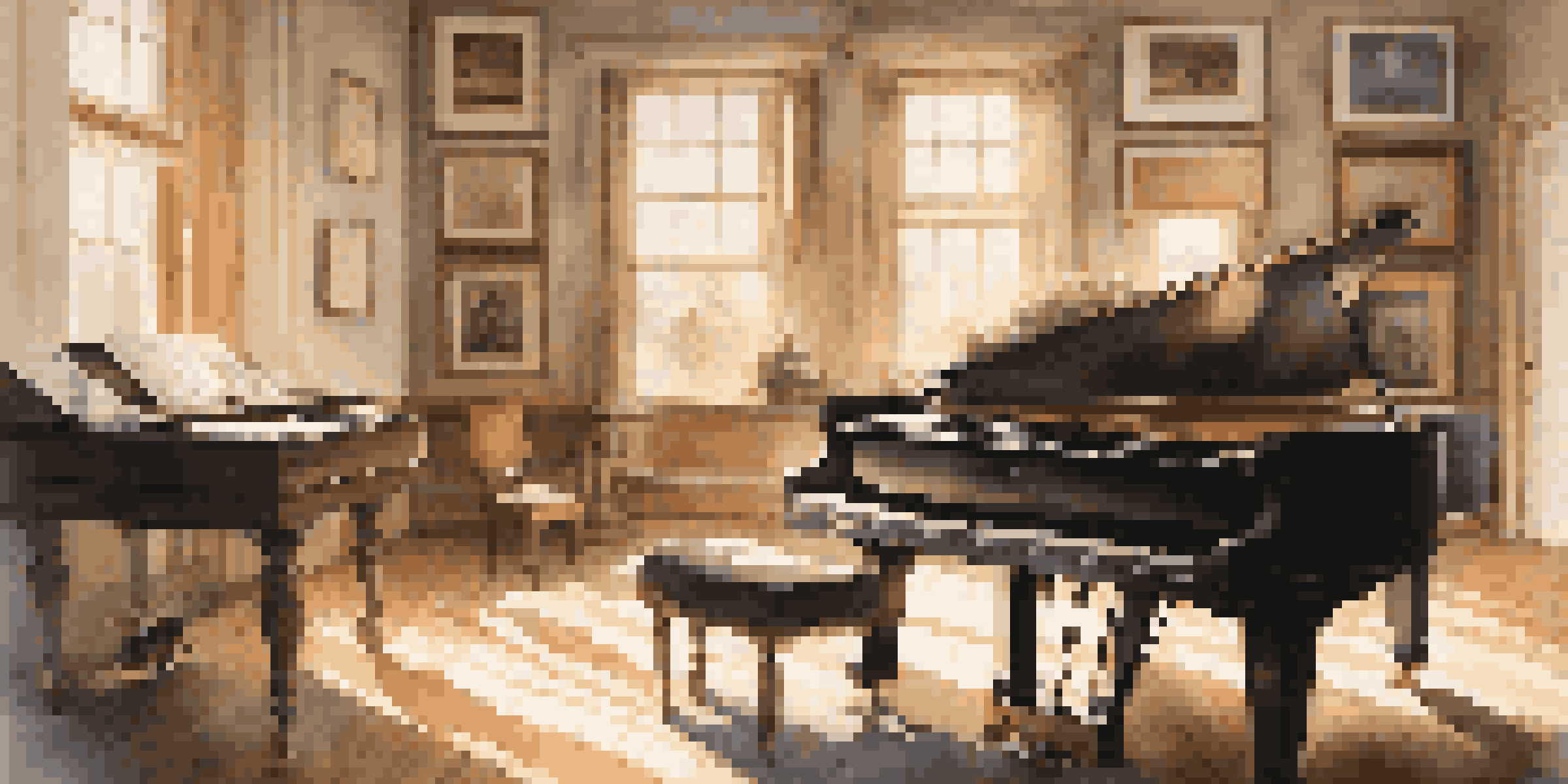 A tranquil music studio featuring a grand piano, scattered sheet music, and warm natural light streaming through large windows.