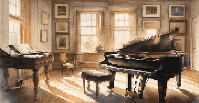 A tranquil music studio featuring a grand piano, scattered sheet music, and warm natural light streaming through large windows.