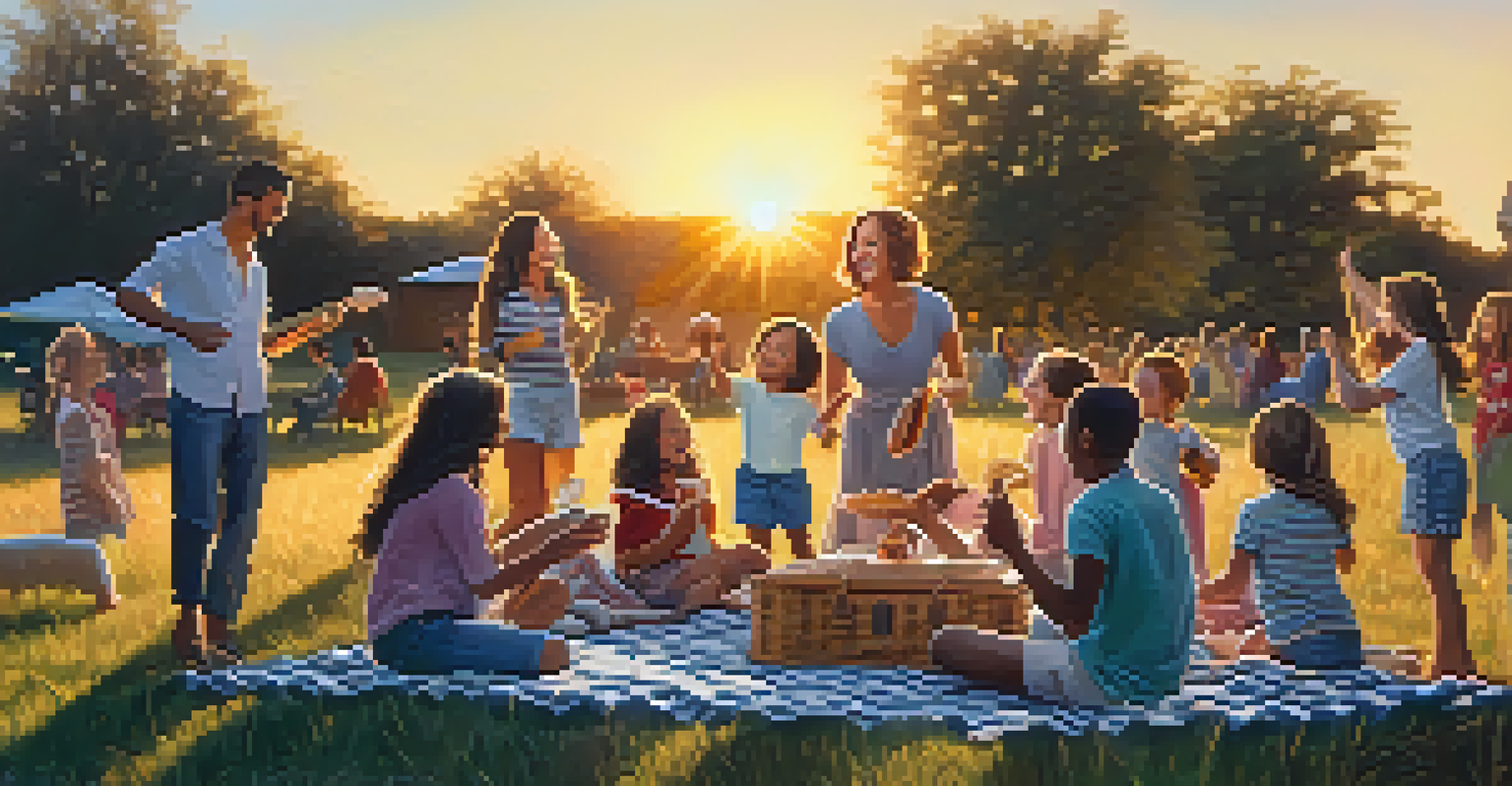 A joyful family picnic at sunset with members dancing and singing to music from a portable speaker.