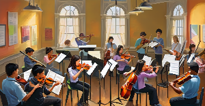 A group of diverse students playing various musical instruments in a bright classroom, emphasizing teamwork and collaboration.