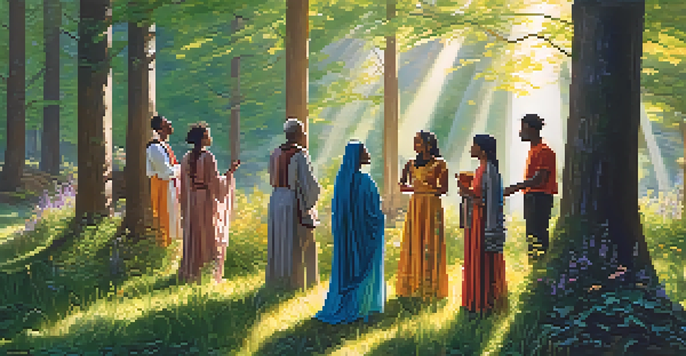 A diverse group of people chanting peacefully in a sunlit forest clearing, surrounded by lush greenery and colorful flowers.