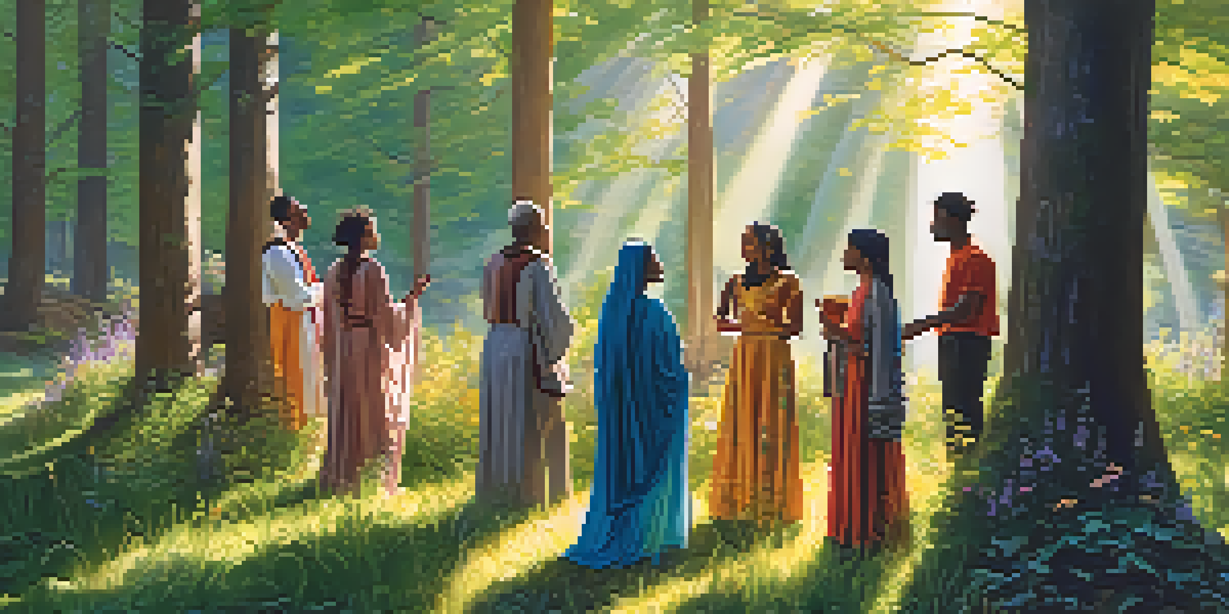 A diverse group of people chanting peacefully in a sunlit forest clearing, surrounded by lush greenery and colorful flowers.