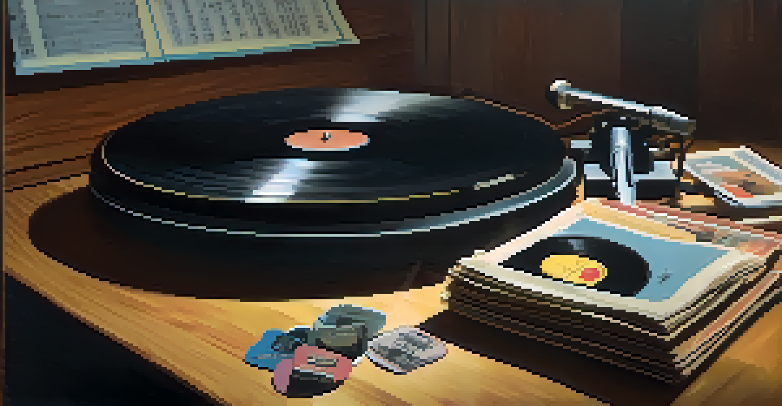 A close-up of a vintage rock 'n' roll vinyl record on a turntable, with guitar picks and sheet music nearby.