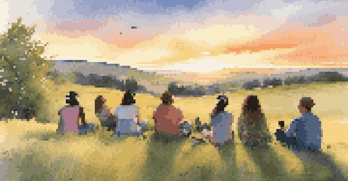 A diverse group of people enjoying music together on a grassy hill during sunset, with colorful wildflowers around them.
