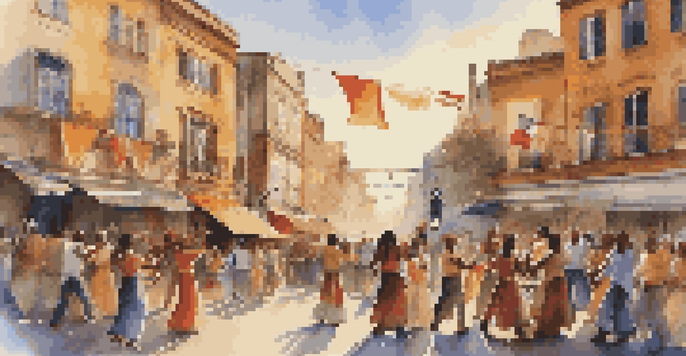 A lively city square filled with diverse musicians playing traditional instruments, with colorful banners and people dancing as the sun sets.