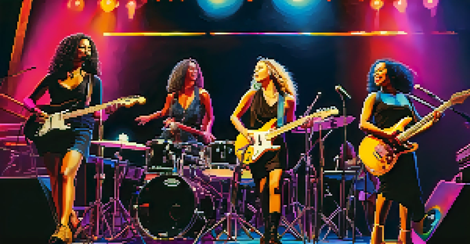 A diverse group of female musicians performing on stage with colorful lights, showcasing unity and empowerment.