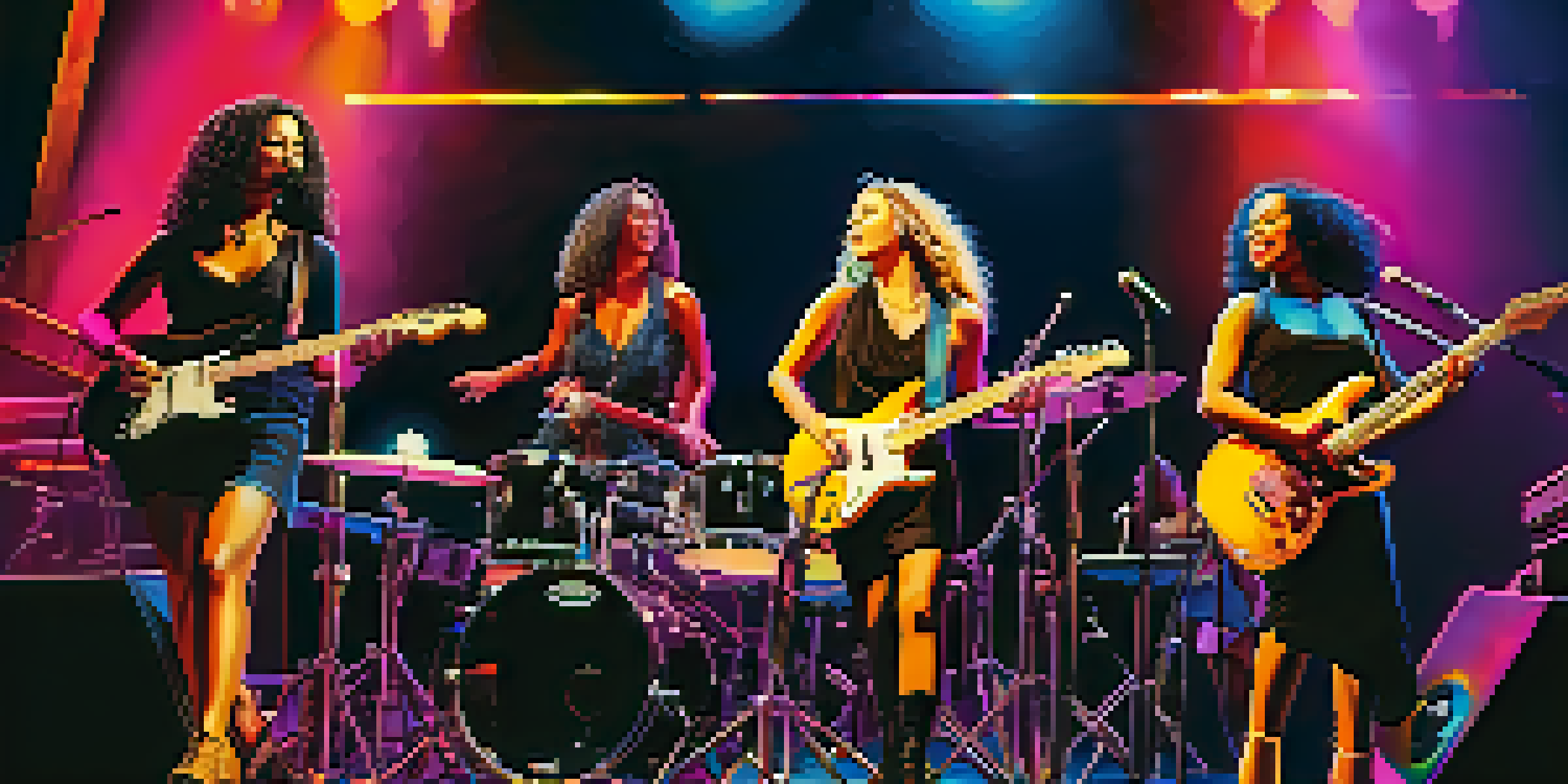 A diverse group of female musicians performing on stage with colorful lights, showcasing unity and empowerment.