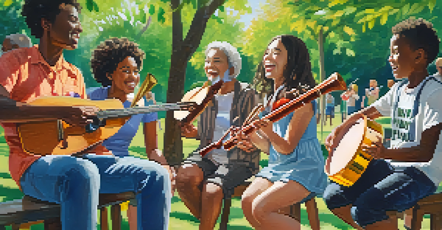A joyful group of people playing instruments in a sunny park during a music therapy session, surrounded by greenery.