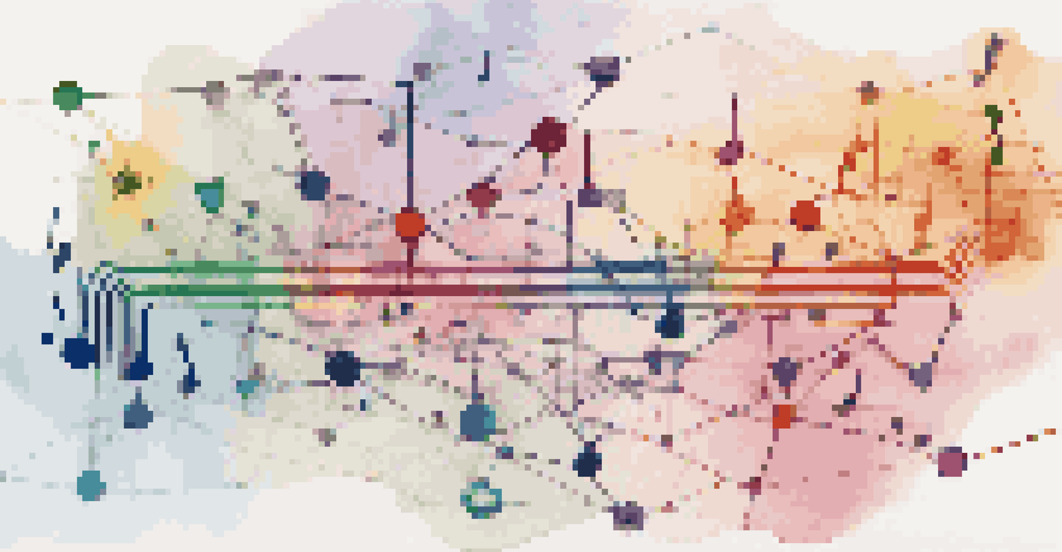 A network of digital music distribution platforms illustrated as interconnected nodes with colorful lines.