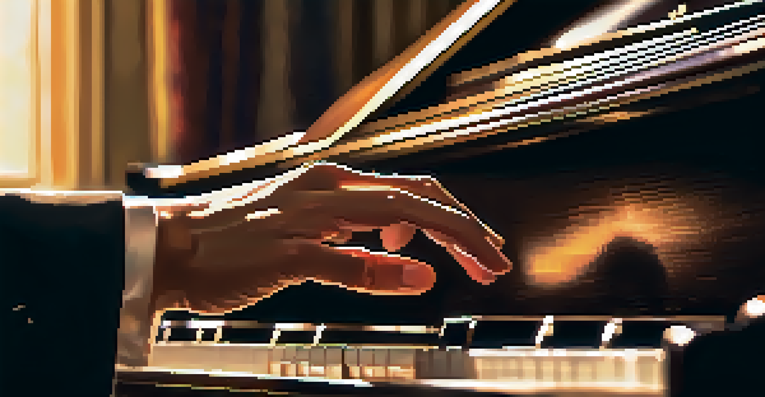 Close-up of a musician's hands playing a grand piano with warm lighting.