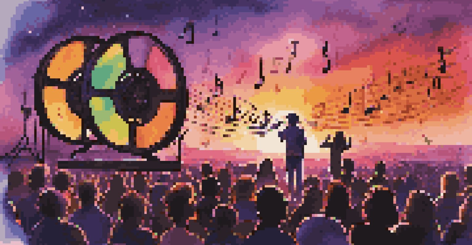 A film reel transforming into musical notes against a colorful sunset, with a silhouette of an engaged audience in the foreground.