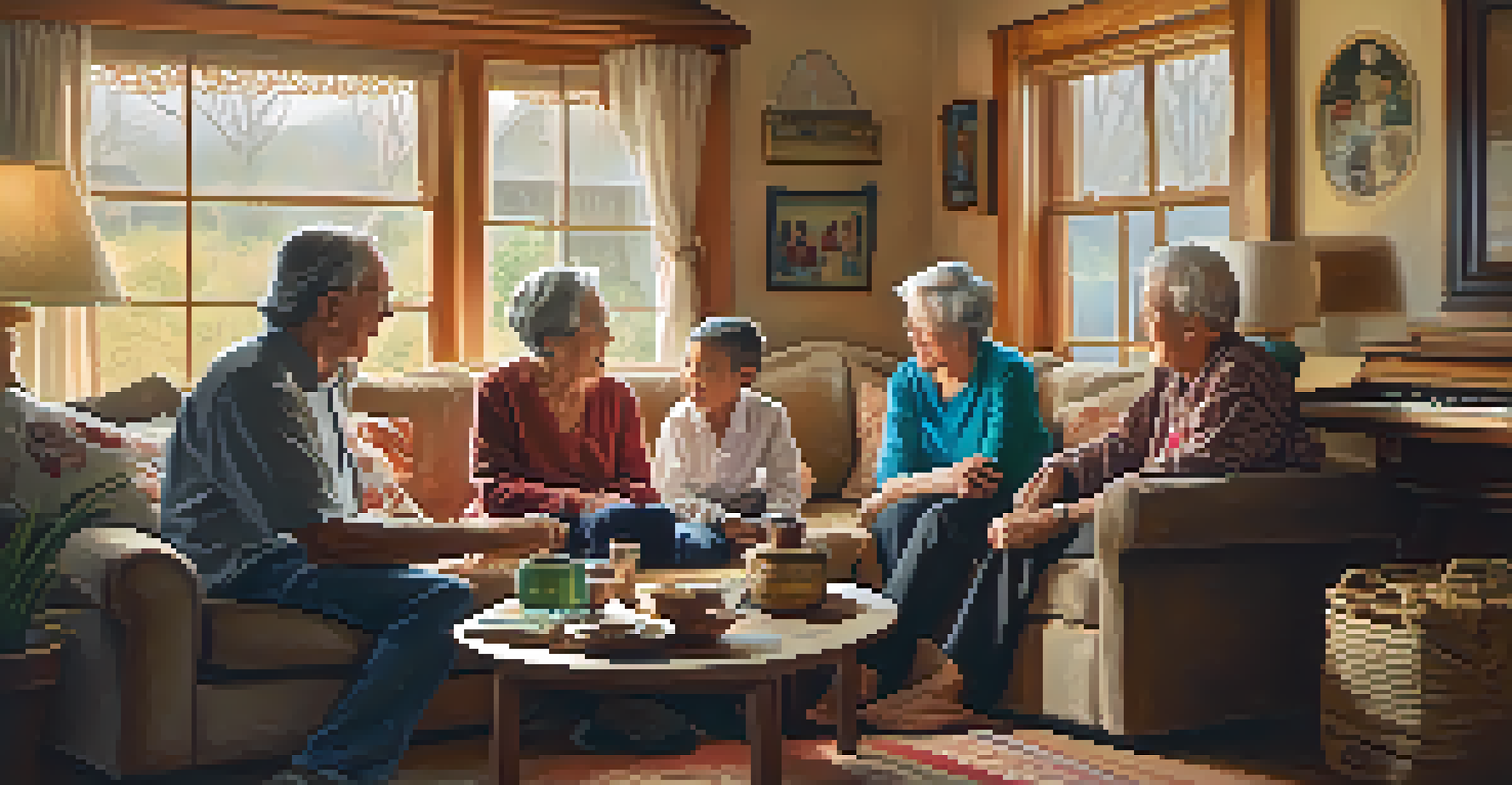 A grandparent and grandchild sharing a traditional song in a cozy living room filled with cultural artifacts and family photos.