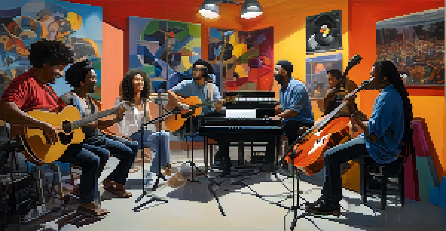 A diverse group of musicians collaborating in a modern studio filled with instruments.