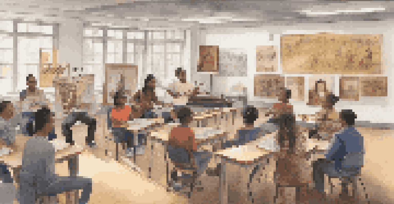 A classroom with students attending a workshop on cultural music history, featuring a teacher demonstrating traditional instruments and educational posters.