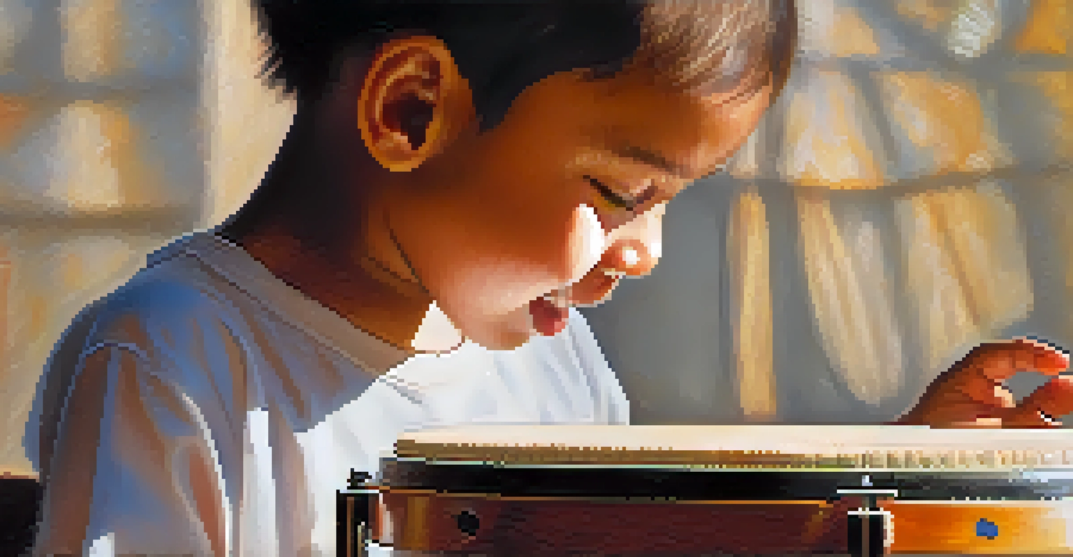 A close-up of a child focused on playing a hand drum, with musical notes in the background and sunlight illuminating the scene.