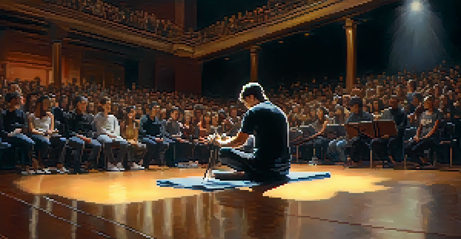 A musician practicing mindfulness on stage, sitting cross-legged with closed eyes, surrounded by soft light and a dimly lit audience area in the background.