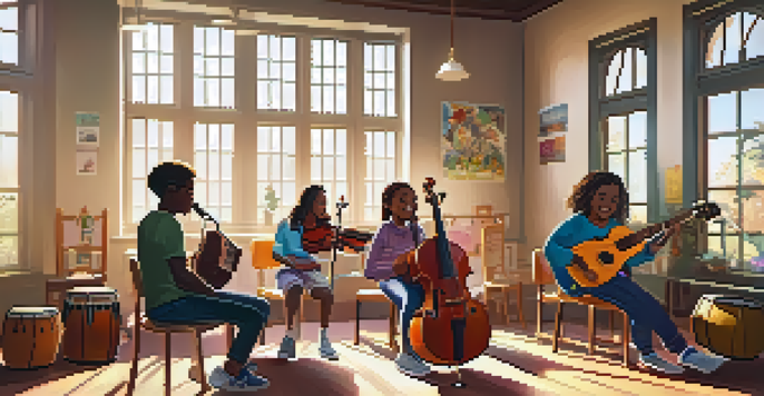 A diverse group of students happily participating in a music class, surrounded by instruments and colorful posters.