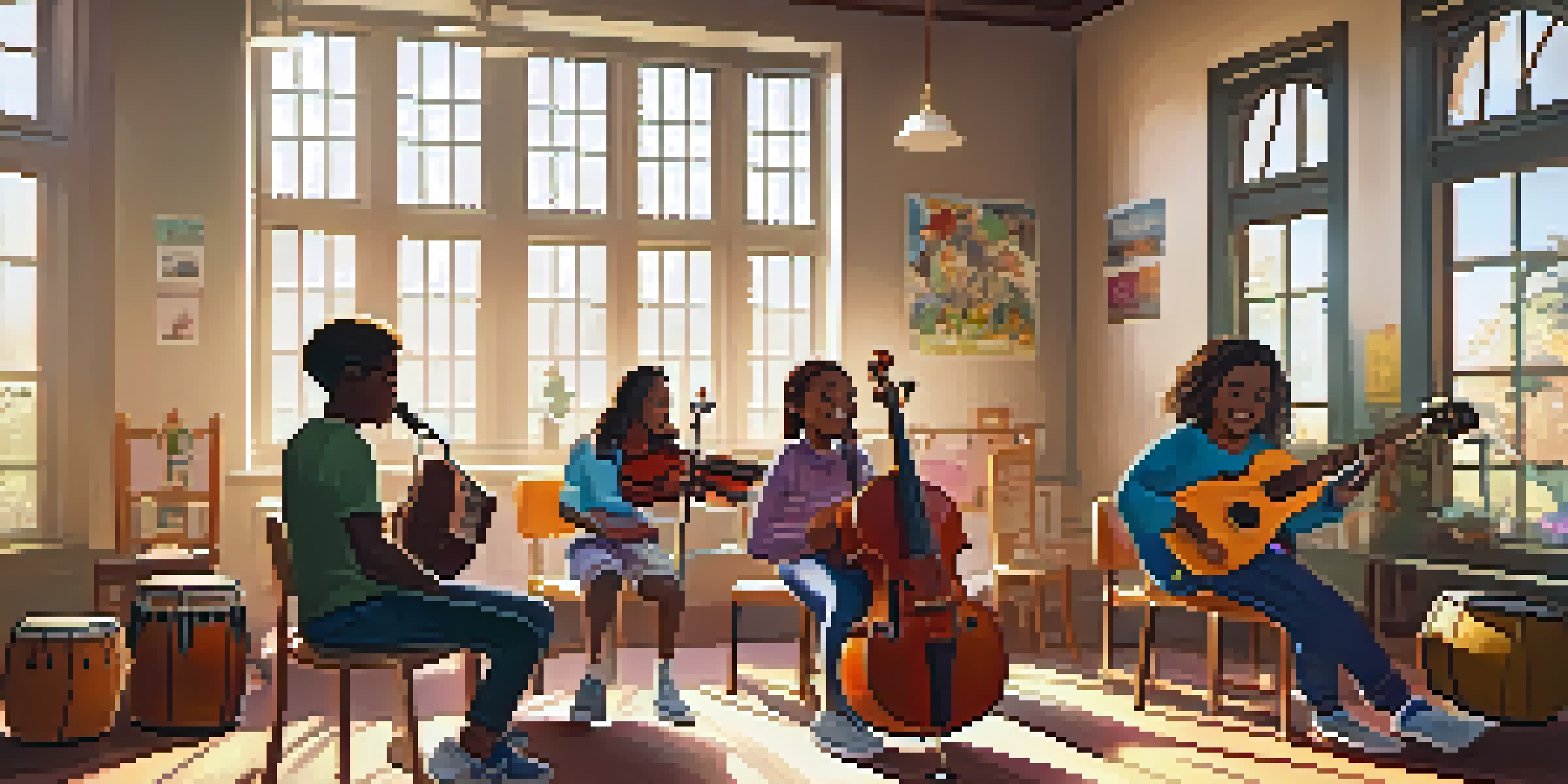 A diverse group of students happily participating in a music class, surrounded by instruments and colorful posters.