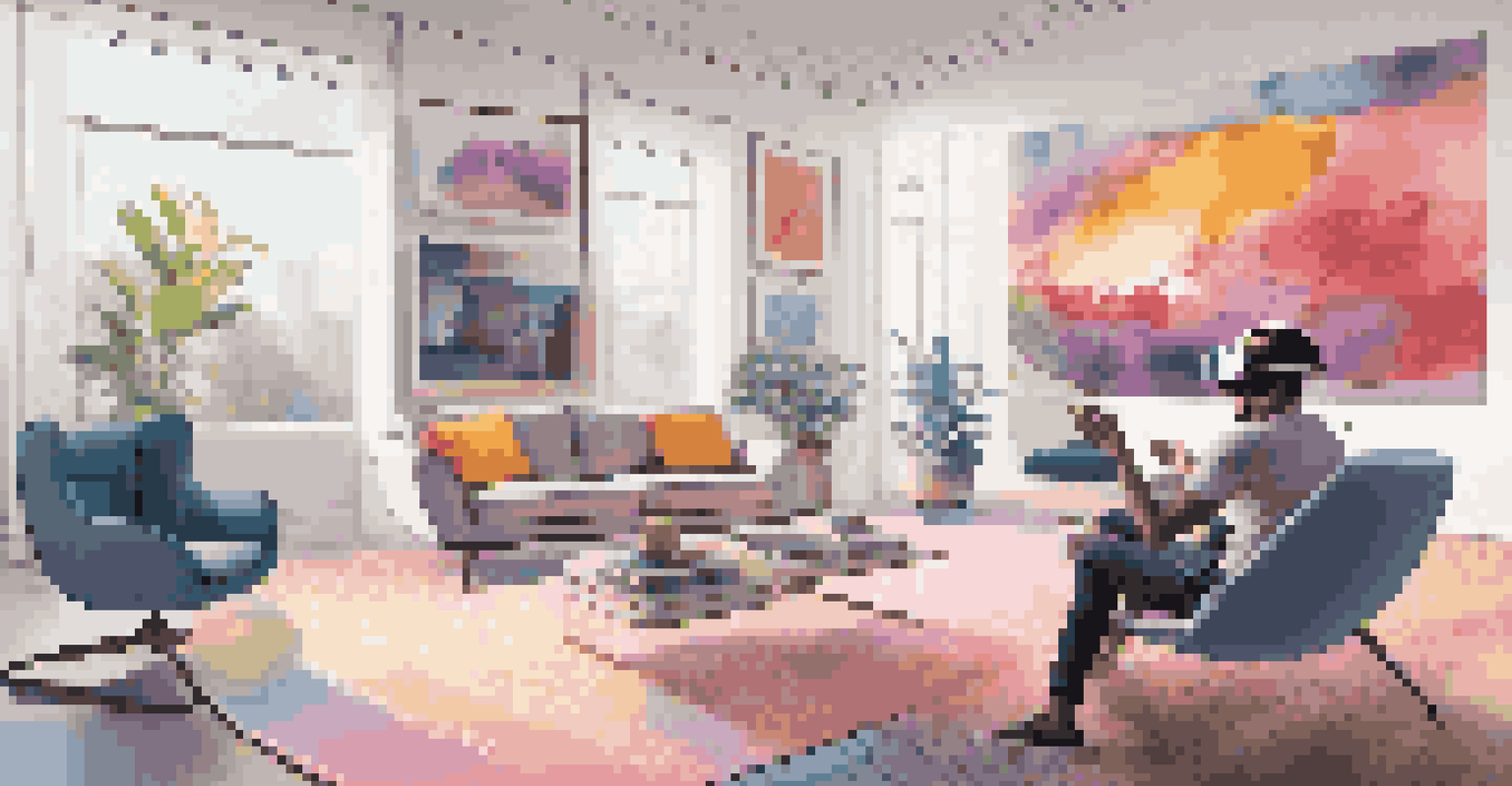 A user engaging with virtual reality technology in a stylish living room, with dynamic music and visuals surrounding them.