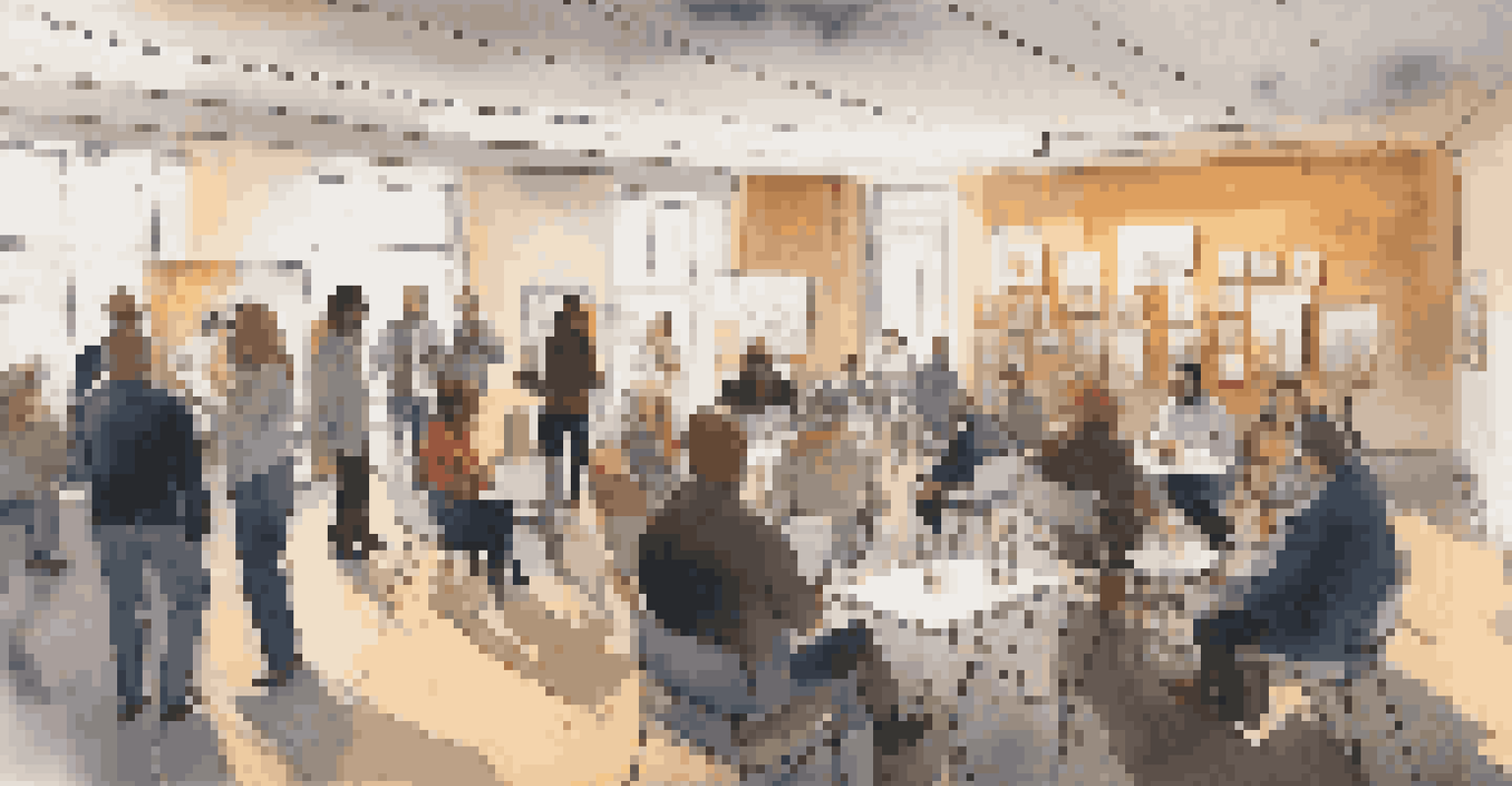 A networking event for musicians with people conversing and exchanging business cards in a softly lit room.