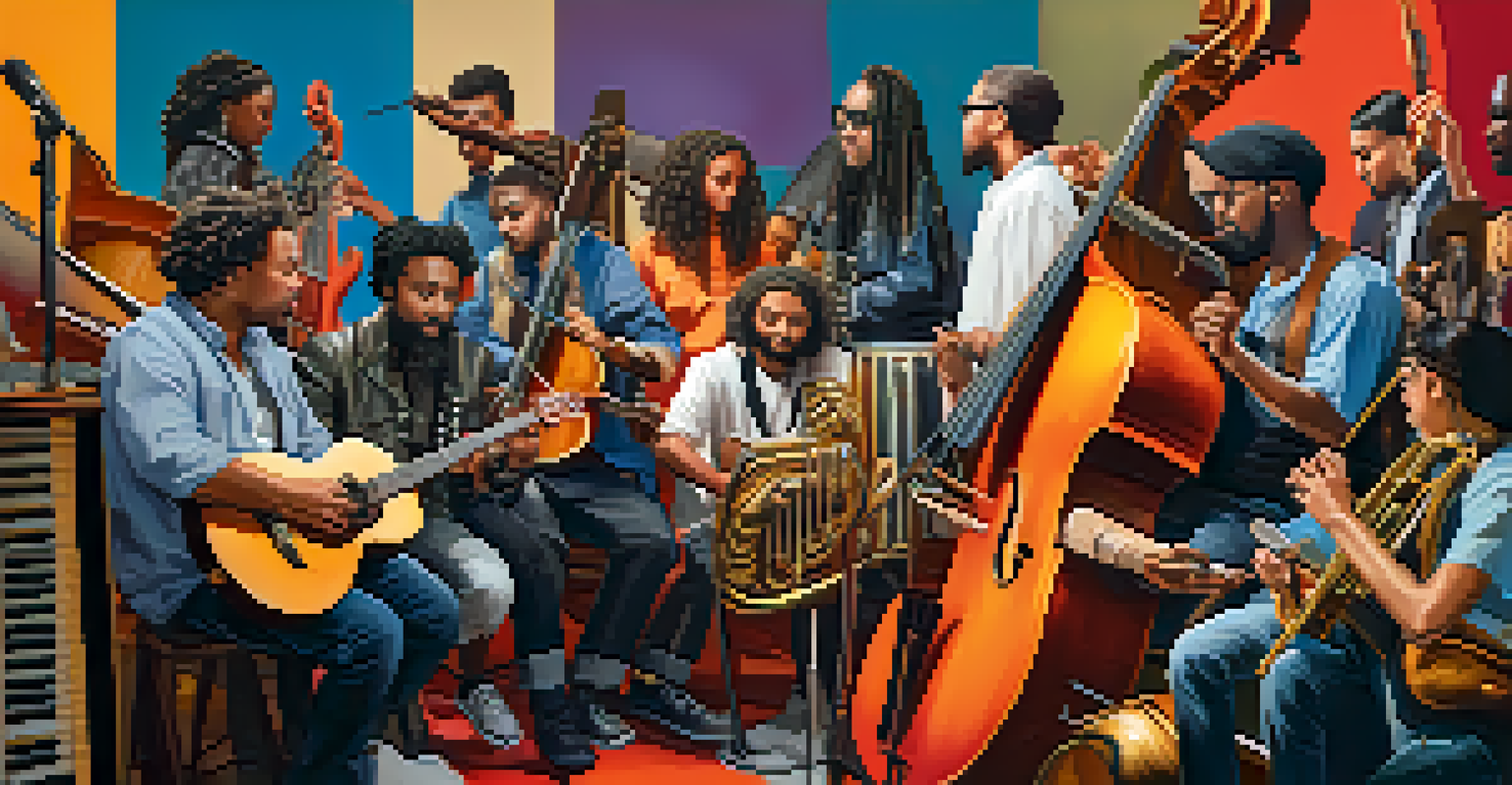 A diverse group of musicians in a modern studio, collaborating with various instruments from different cultures, emphasizing creativity and fusion.