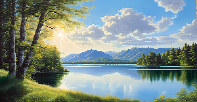 A peaceful lake scene with green forests and mountains, reflecting sunlight on the water.