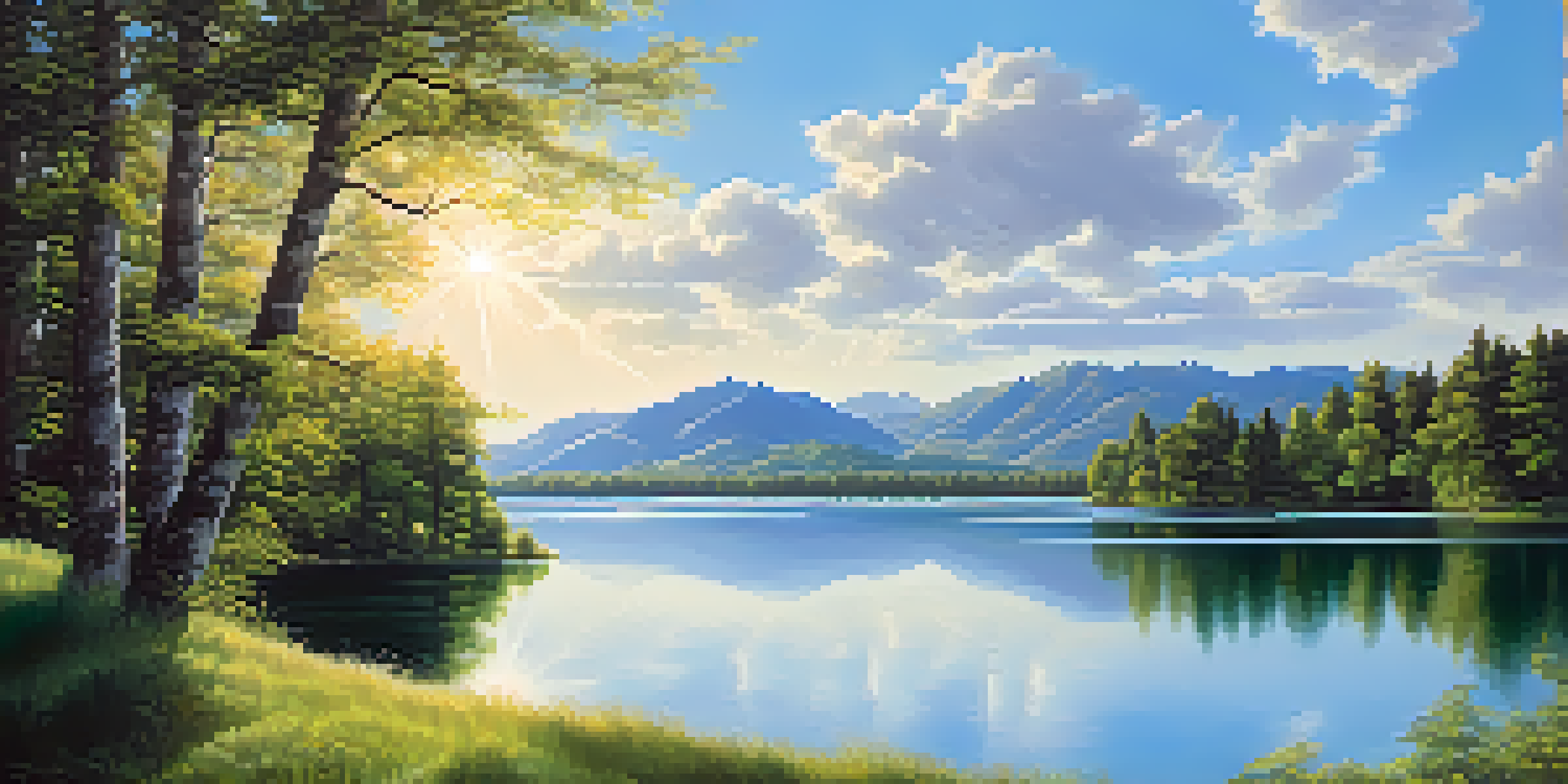 A peaceful lake scene with green forests and mountains, reflecting sunlight on the water.