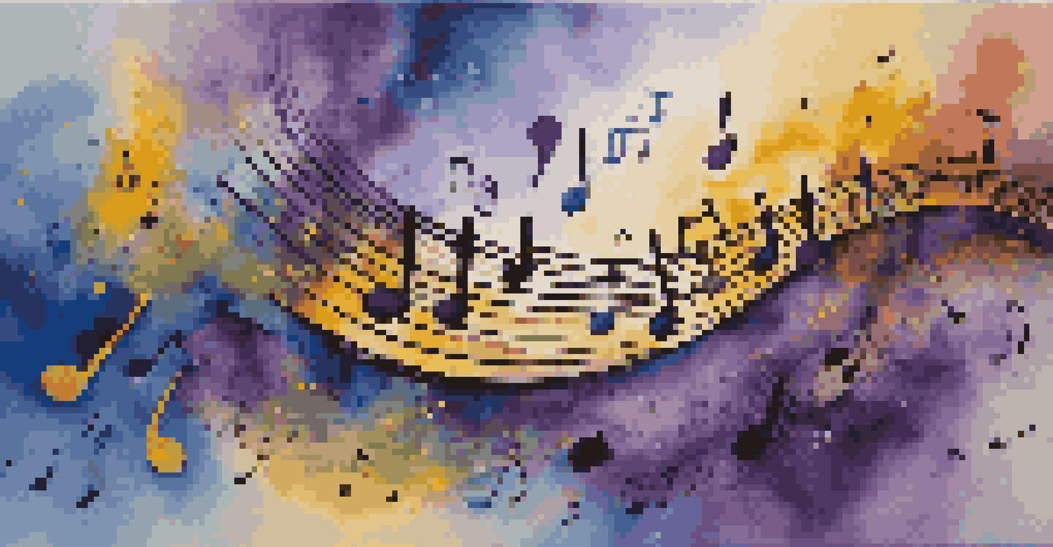 An abstract art piece representing a musical journey with swirling notes and vibrant colors.