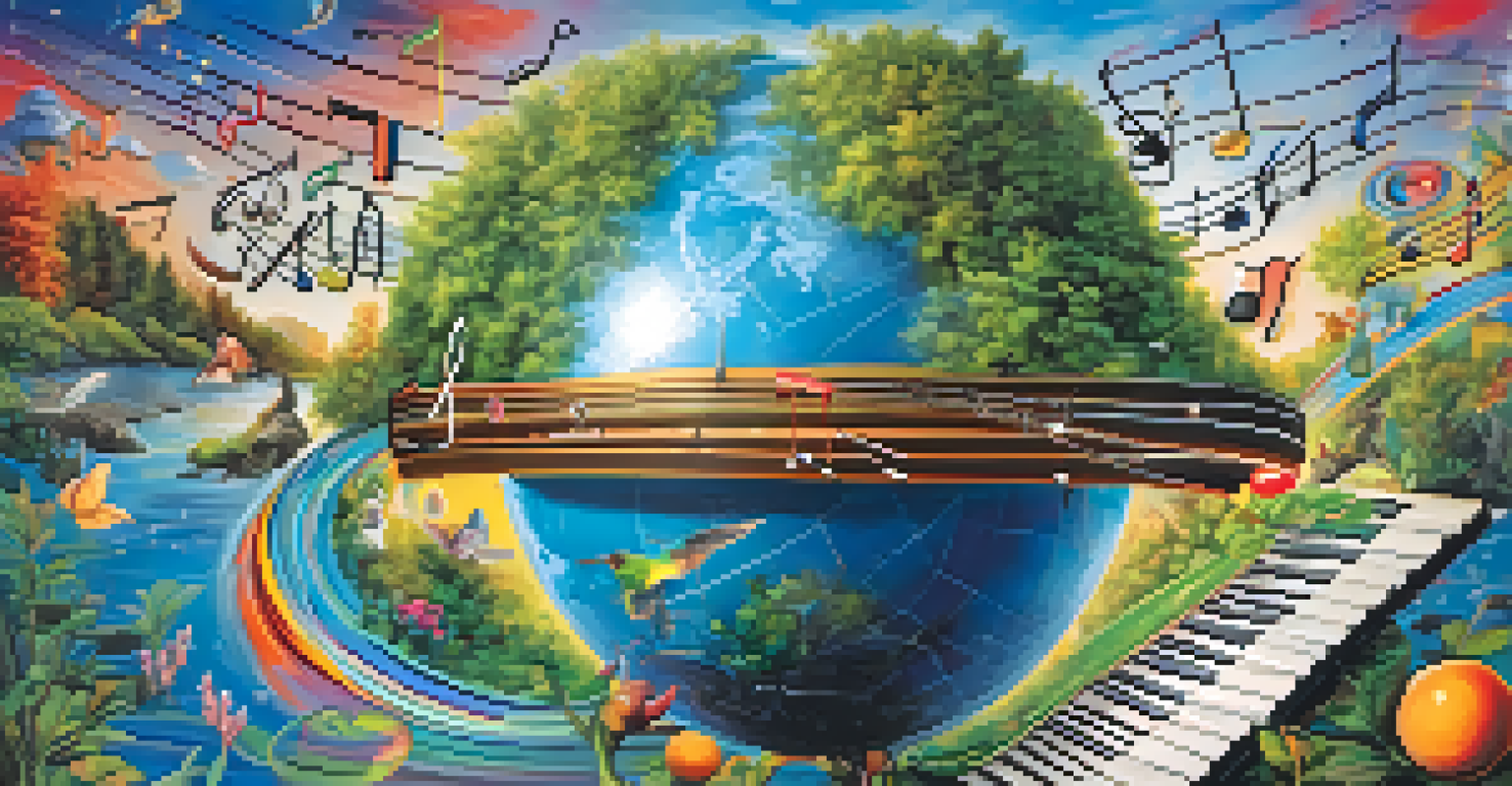 A colorful globe surrounded by musical notes and elements of nature, illustrating the connection between music and the environment.
